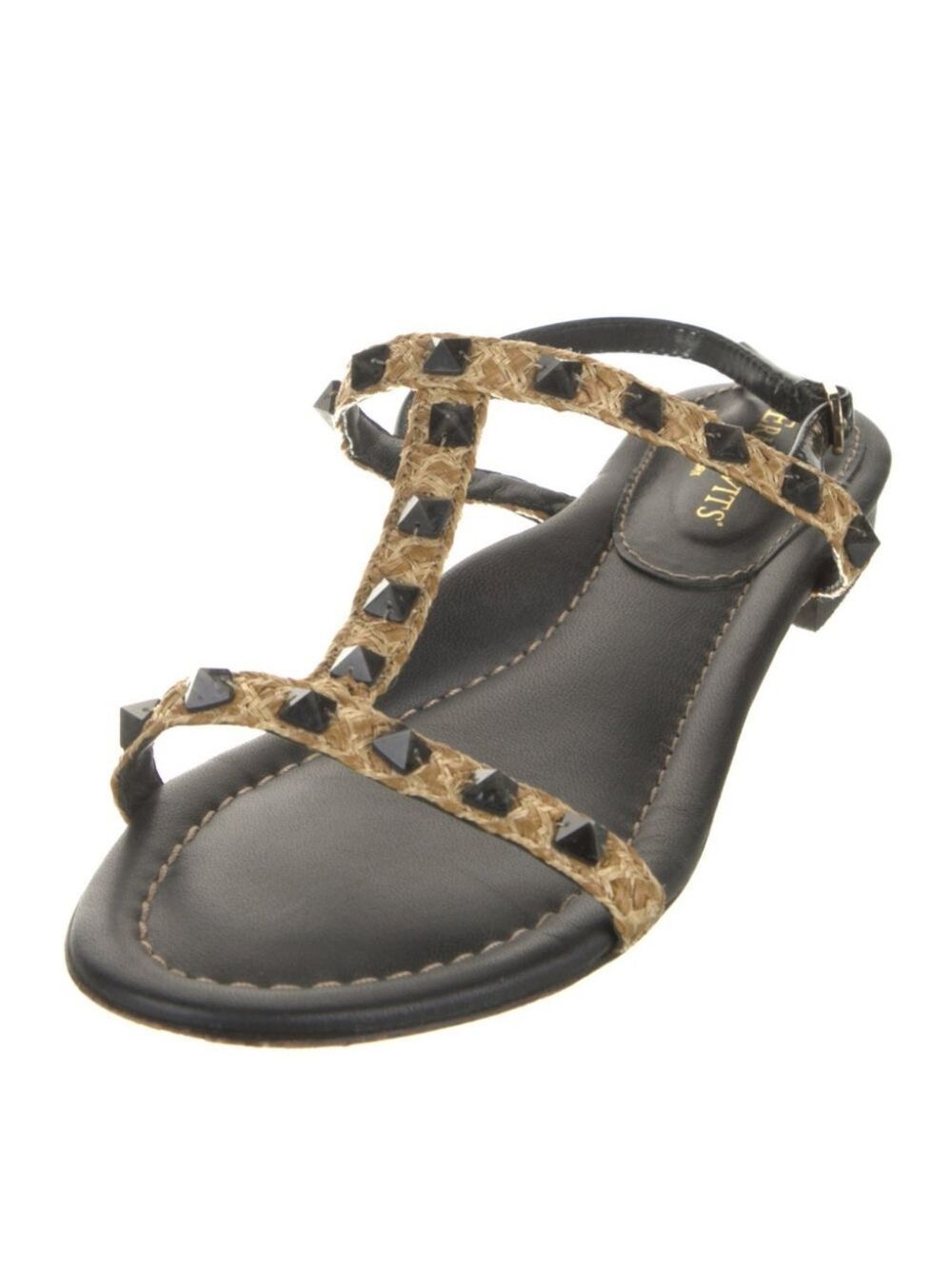 Cric Javits Straw Studded Accents T-Strap Sandals